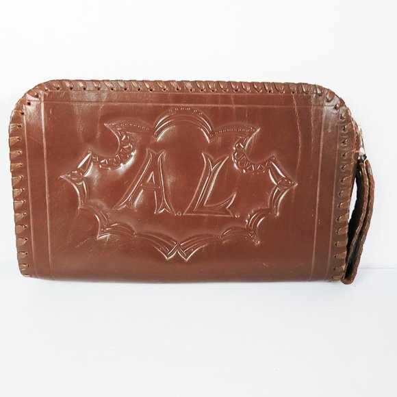 Vintage Tooled Leather Wristlet Bag, Brown Leather Bag, Heavy Leather Hippie Bag - Picture 3 of 7